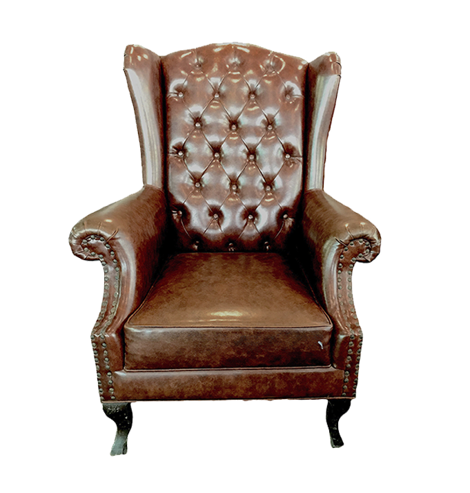 dark brown leather chair that has been reupholstered