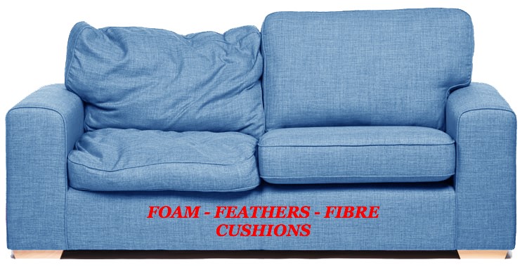 blue sofa with foam and fibres information on